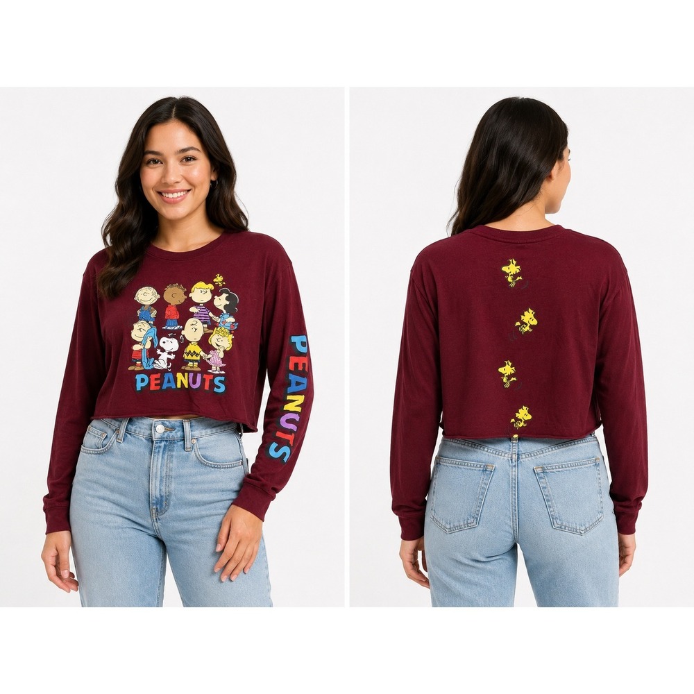 Peanuts Graphic Crop Top Medium Burgundy Snoopy Charlie Brown Woodstock Y2K 90s